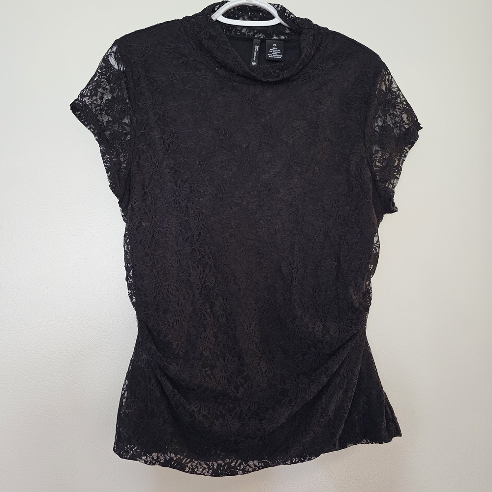 New Directions Black Lace Fitted Cap Sleeve Blouse Whimsigoth Dark Romance Large